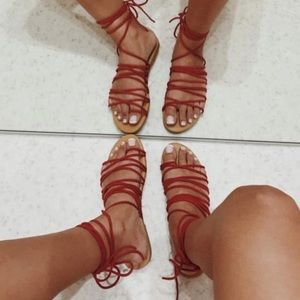 Sabo Skirt Tie Up Sandals Red and Tan